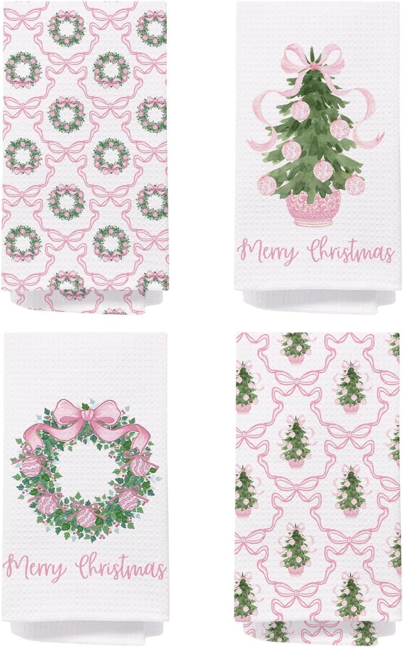 SPBL&L Chinoiserie Christmas Kitchen Towels, Pink Bow Coquette Christmas Tree Dish Towels for Kitchen Bathroom, Pink Christmas Hand Towels for Bathroom Kitchen,Set of 4 Grandmillennial Decor,16x24 Inches - Image 1